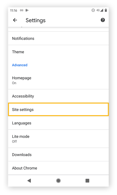 Visualização das configurações do Chrome no Android 11.
