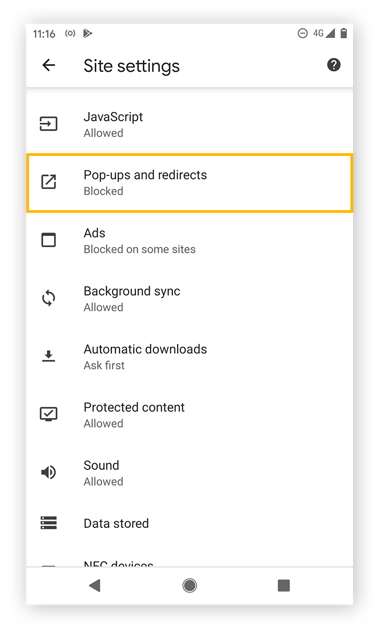 Visualização das configurações do Chrome no Android 11.