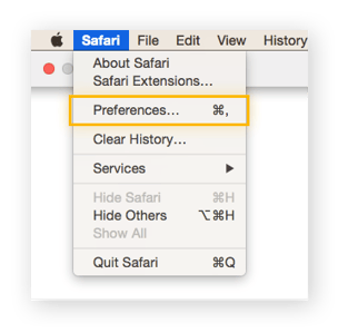 A Safari drop-down menu with preferences highlighted