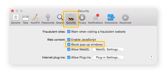Het menu Voorkeuren van Safari-beveiliging met het selectievakje Blokkeer pop-upvensters ingeschakeld en gemarkeerd.