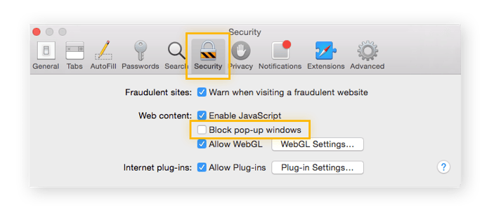 Voorkeuren-menu van Safari op het tabblad Beveiliging. De optie Blokkeer pop-upvensters is niet ingeschakeld.