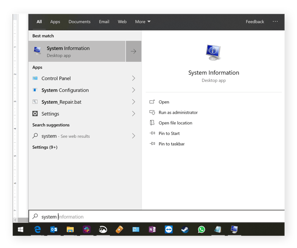 Apertura di System Information in Windows 10.