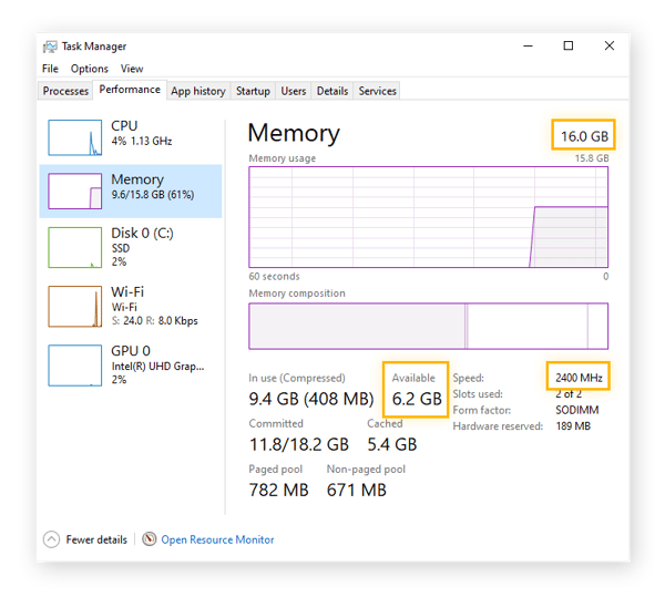 Visualización de especificaciones de memoria mediante el Administrador de tareas de Windows en Windows 10.
