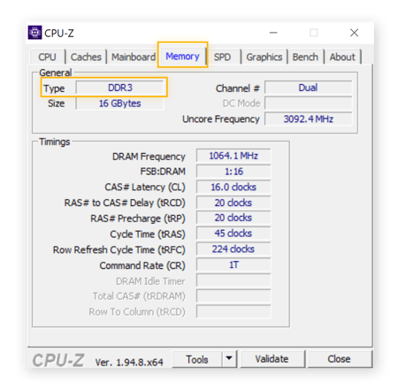 Utilizzo di CPU-Z per visualizzare il tipo di RAM installata in un computer Windows 10.
