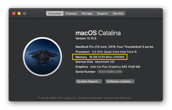 Visualizando as informações de Sobre este Mac, inclusive processador, memória, disco de inicialização, elementos gráficos, etc. no macOS Catalina.