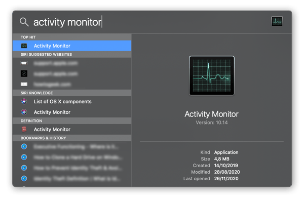 Uso de la búsqueda Spotlight para localizar el Monitor de Actividad en macOS Catalina.