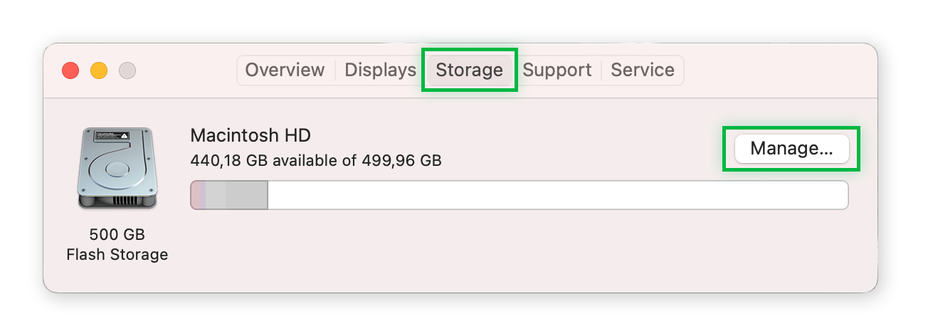 An Apple "About this mac" window opened on the Storage tab, highlighting the Manage button