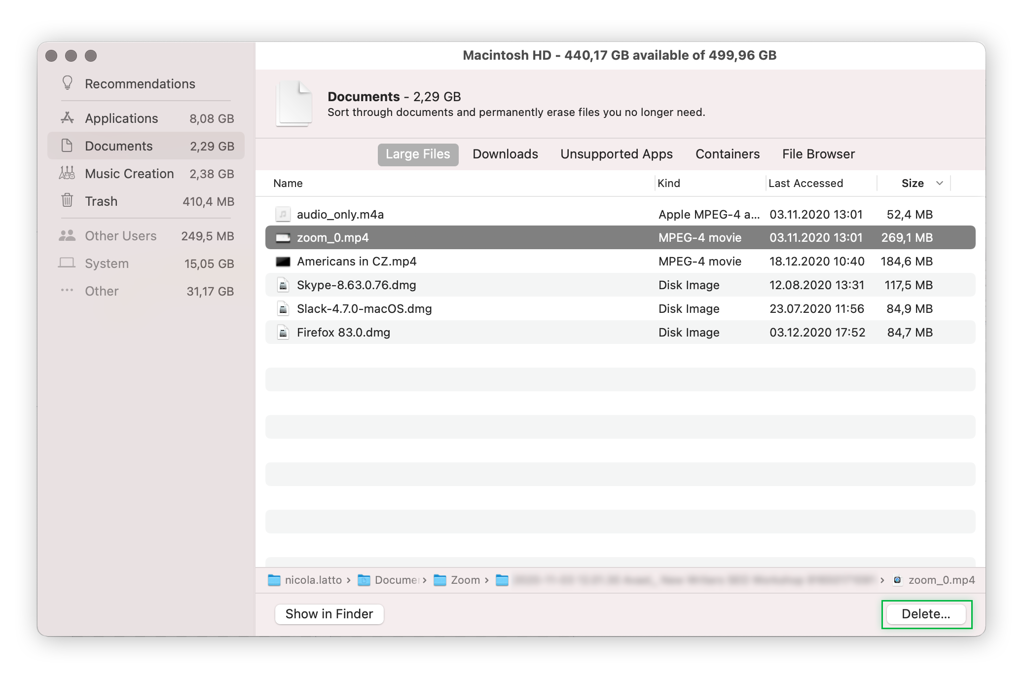 Ventana Revisar archivos de Mac abierta que muestra una lista de archivos.