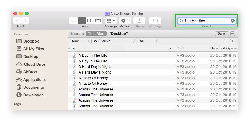 Un Dossier intelligent sur Mac mettant en évidence la barre de recherche et le nom d’un artiste.