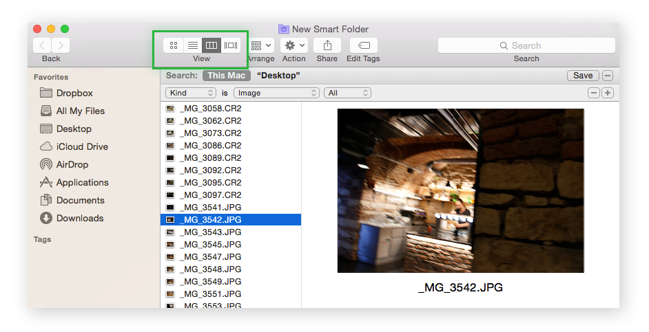 Smart folder with an image view setting highlighted.