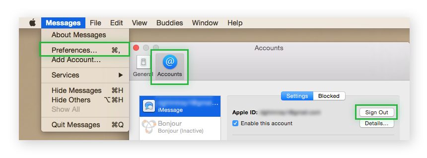 I message app accounts window, with Sign Out highlighted.