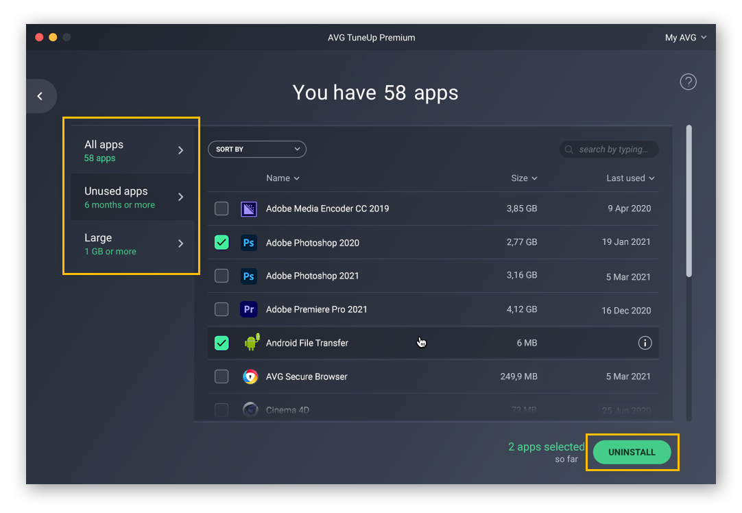 AVG TuneUp scans and sorts your applications into categories to make it easier to figure out which apps you should delete.