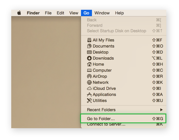 The Go tab expanded on the Finder app in Mac. Highlighting Go to Folder.