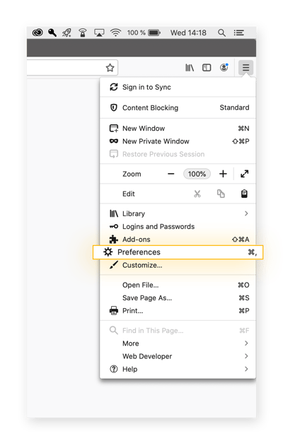 To start deleting cookies on Firefox, open up "preferences".