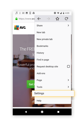 Open up "Settings" to start deleting your cookies on Firefox mobile.