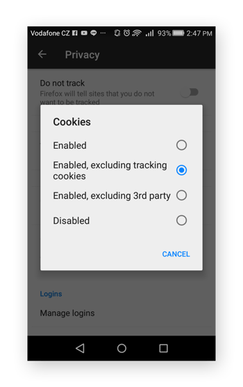     A continuación se explica cómo habilitar las cookies, pero desactivar el seguimiento de cookies en Firefox móvil.
