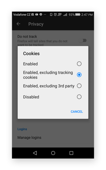 Here's how to enable cookies but disable tracking cookies in Firefox mobile.