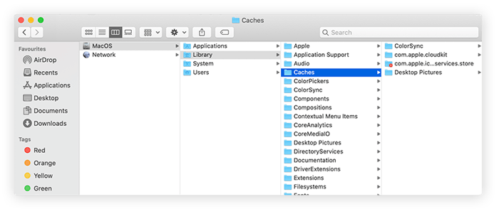 Cartella Library aperta nell'app Finder di MacOS. All'interno della cartella Library è aperta la cartella Caches.