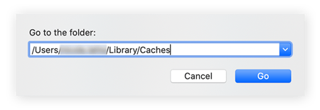 Opção “Ir para a pasta” do Mac com o seguinte inserido:  /Users/[YourUserName]/Library/Caches