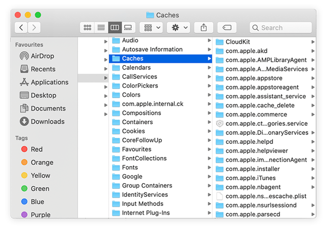Mac Finder menu with Caches folder expanded.