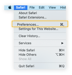 Safari brower's drop down menu open. Highlighting Preferences