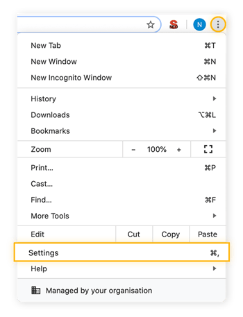 Chrome's drop down menu opened. Highlighting Settings.