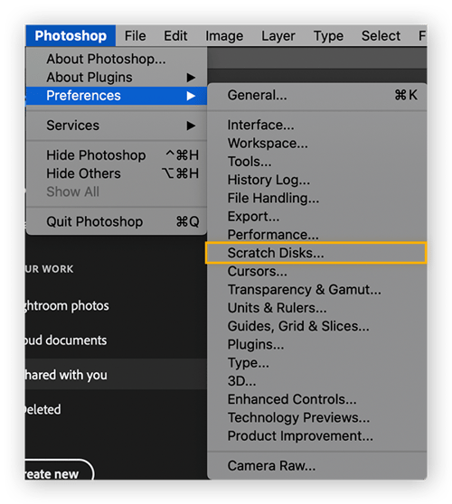 While hovering ver "Preferences," select "Scratch Disks" from the menu that opens up
