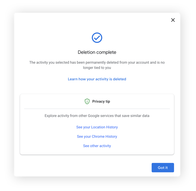 Search history deletion confirmation