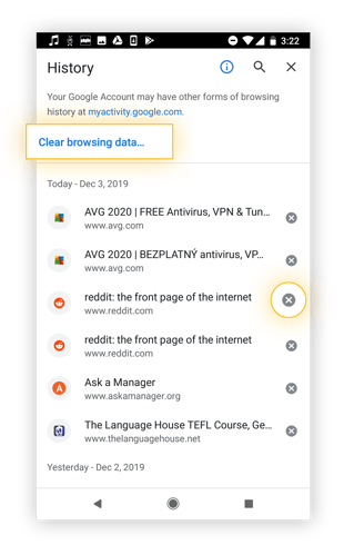 Here's the History section of settings in mobile Chrome.