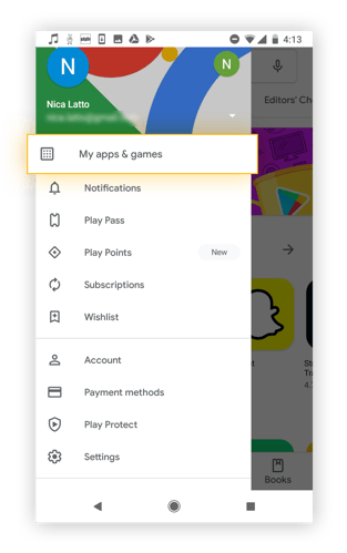 Opening up "My apps & games" in the Google Play Store.