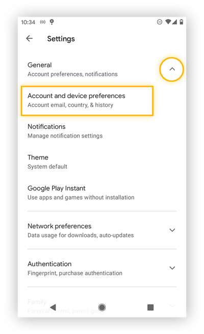 Ouverture des préférences du compte et de l’appareil dans Google Play.