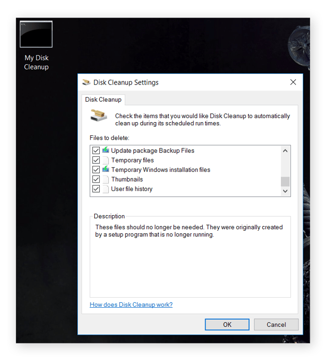 Clearing temporary files with the Disk Cleanup tool in Windows 10