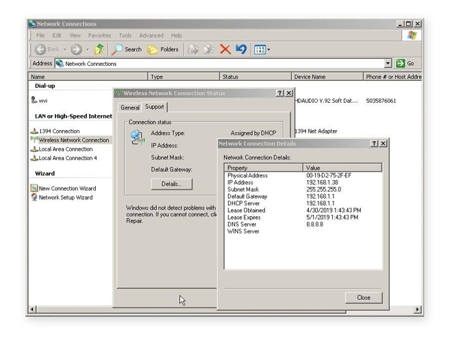 Cet écran affiche votre IP locale sur Windows XP.