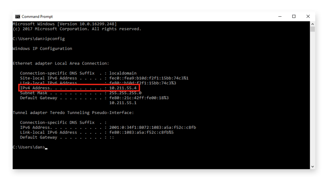 Here's how to see your local IP using the command prompt on any Windows system.