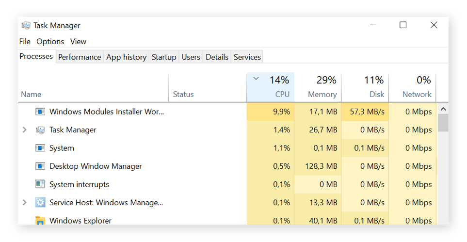 The Windows 10 Task Manager showing Windows Module Installer Worker using 57.3 MB/s of the hard disk