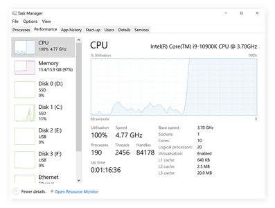 Der Windows Task Manager mit hoher CPU-Auslastung unter Windows 10