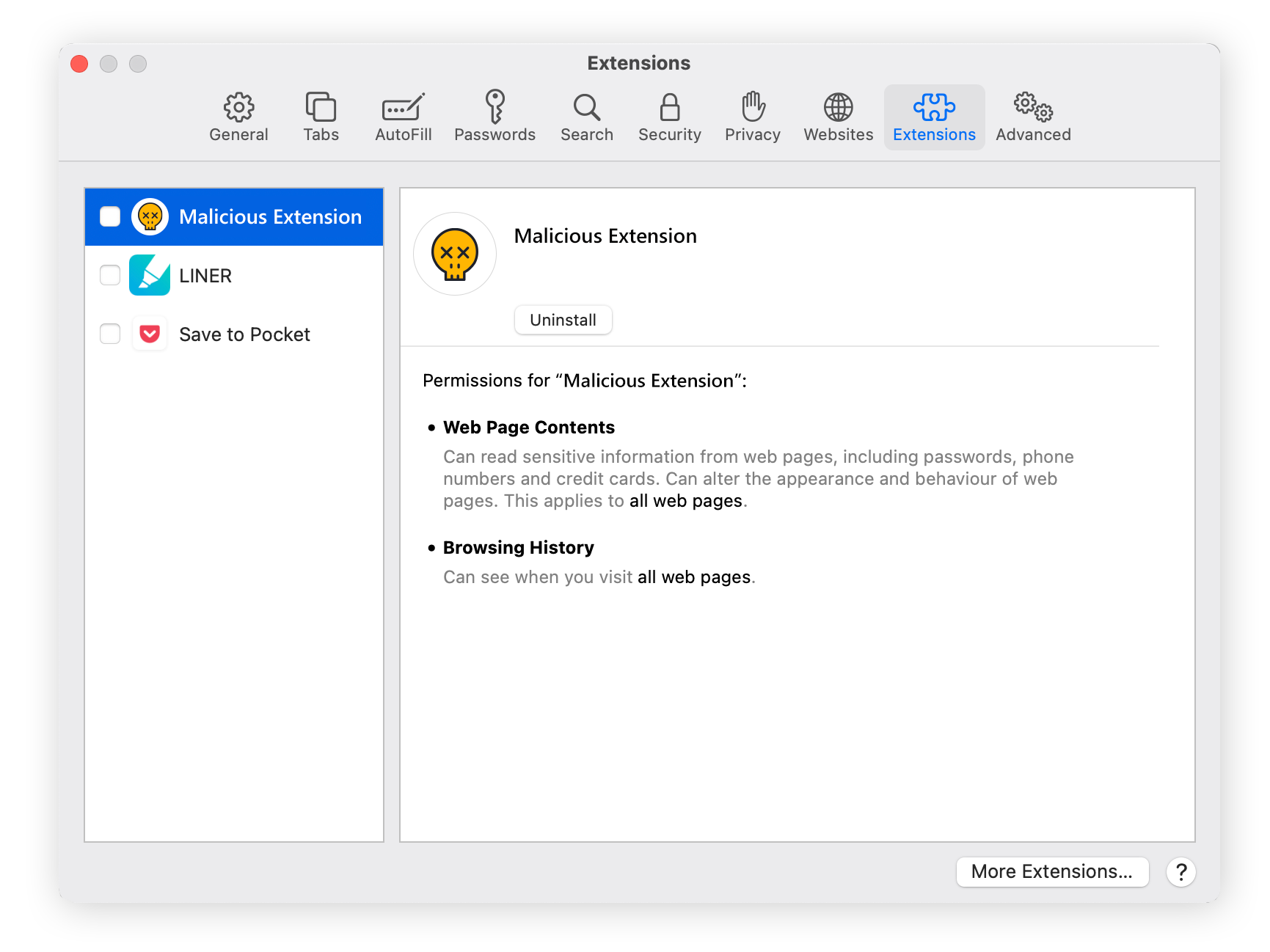 Eliminación de extensiones del navegador en Safari para colaborar en la eliminación de malware de un Mac.