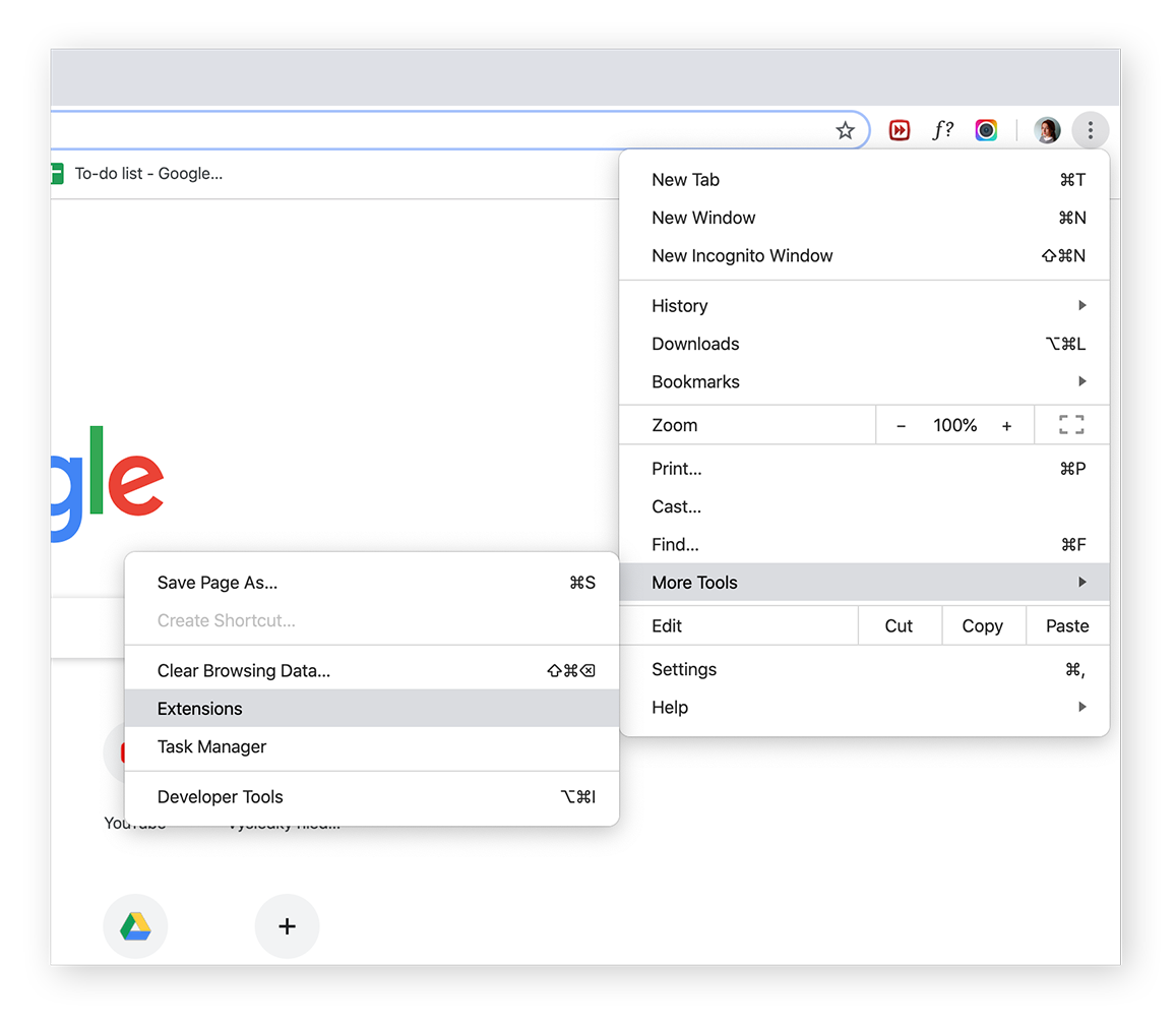 Ouverture du menu Plus d’outils et Extensions de Google Chrome.