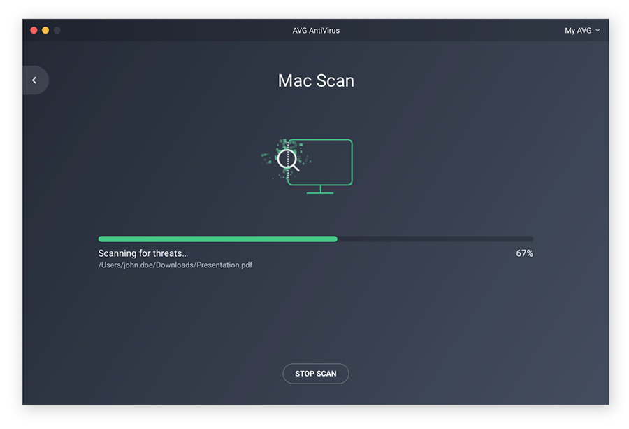 Running a Mac scan in AVG AntiVirus FREE to remove a virus.