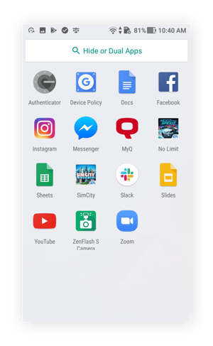 Choosing an app to hide with App Hider on Android
