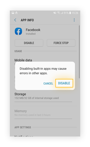 Confirming the disabling of an app in Android 8.0 Oreo on a Samsung Galaxy 7