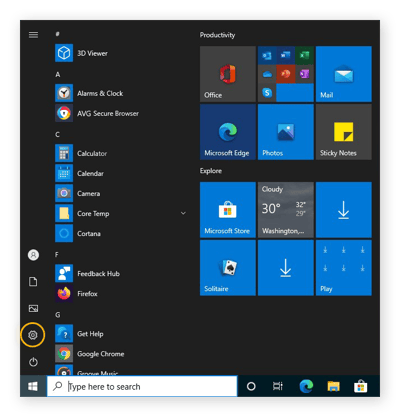 Opening the Settings in Windows 10 from the Start menu