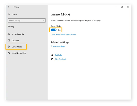 Selecting Game Mode from the Windows 10 menu and confirming that the Game Mode switch is toggled On.