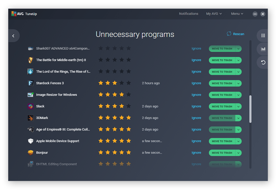 O AVG TuneUp mostrará uma lista de todos os programas desnecessários que ocupam espaço no seu PC.