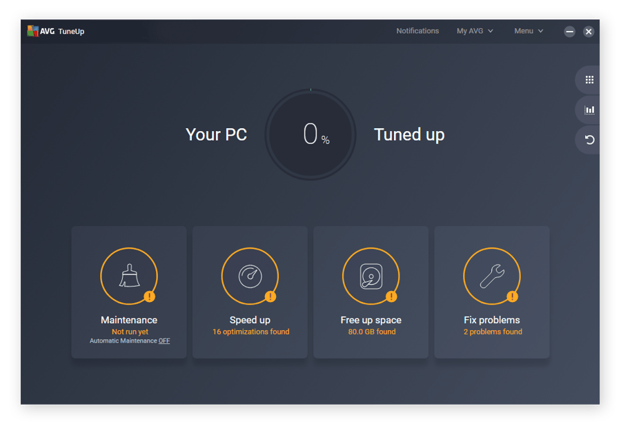 The home screen in AVG TuneUp for Windows 10