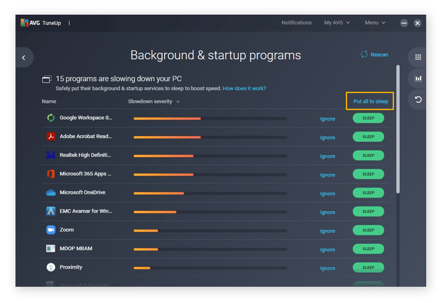 Putting background and startup programs to sleep with AVG TuneUp for Windows 10