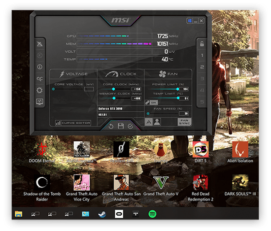 Uma captura de tela do MSI Afterburner mostrando um overclock da GPU no Windows 10