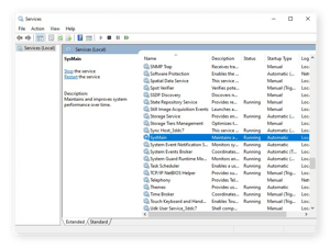 Намиране на записа на Sysmain в приложението Services за Windows 10