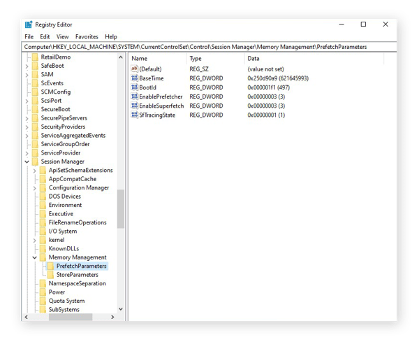 De Prefetch-parameters openen in het register van Windows 10