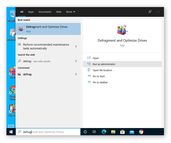 Opening the Defragment and Optimize Drives app in Windows 10